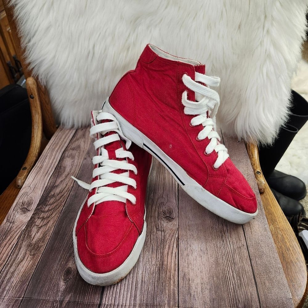 Vintage Polo Ralph Lauren Red‎ Canvas High-Top Sneakers with White Laces Sz 10D